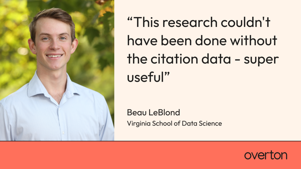 A card featuring an image of Beau LeBlond and the quote "this research couldn't have been done without the citation data - super useful"