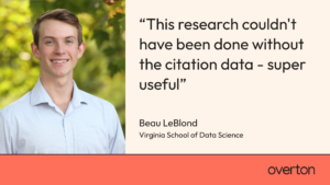 A card featuring an image of Beau LeBlond and the quote "this research couldn't have been done without the citation data - super useful"